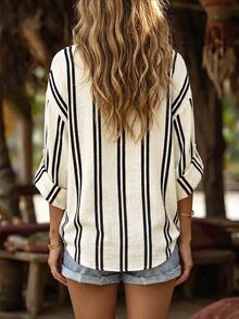 EMERY ROSE Women's Woven Striped Business Casual Boho Summer Blouse Vacation Black And White Striped - Apricot - View 2