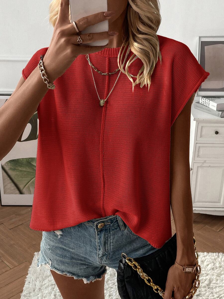 EMERY ROSE Women Simple Round Neck Batwing Sleeve Solid Color Casual Sweater Vest For New Year Clothes - Red - View 1