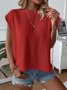 EMERY ROSE Women Simple Round Neck Batwing Sleeve Solid Color Casual Sweater Vest For New Year Clothes - Red - View 6