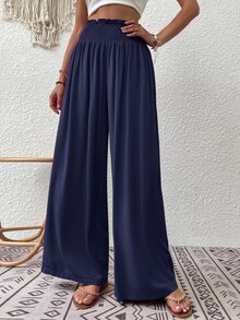 EMERY ROSE Vacation Casual Solid Color Wide Leg Pants - Navy Blue - View 3
