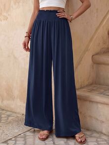EMERY ROSE Vacation Casual Solid Color Wide Leg Pants - Navy Blue - View 1