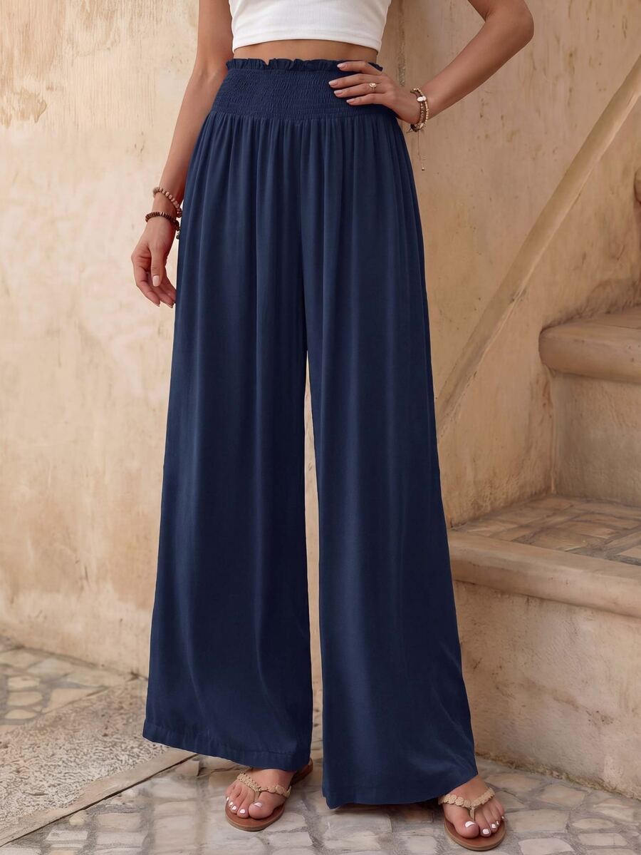 EMERY ROSE Vacation Casual Solid Color Wide Leg Pants - Navy Blue - View 1