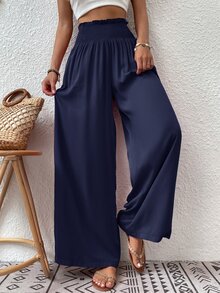 EMERY ROSE Vacation Casual Solid Color Wide Leg Pants - Navy Blue - View 5