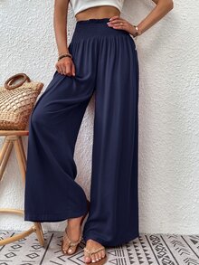 EMERY ROSE Vacation Casual Solid Color Wide Leg Pants - Navy Blue - View 4