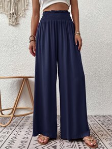 EMERY ROSE Vacation Casual Solid Color Wide Leg Pants - Navy Blue - View 6