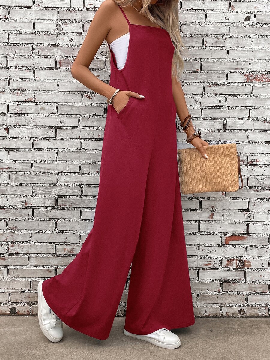 EMERY ROSE One-Piece Summer Jumpsuit, Solid Color, Minimalist Design, Fashionable - Red - View 1