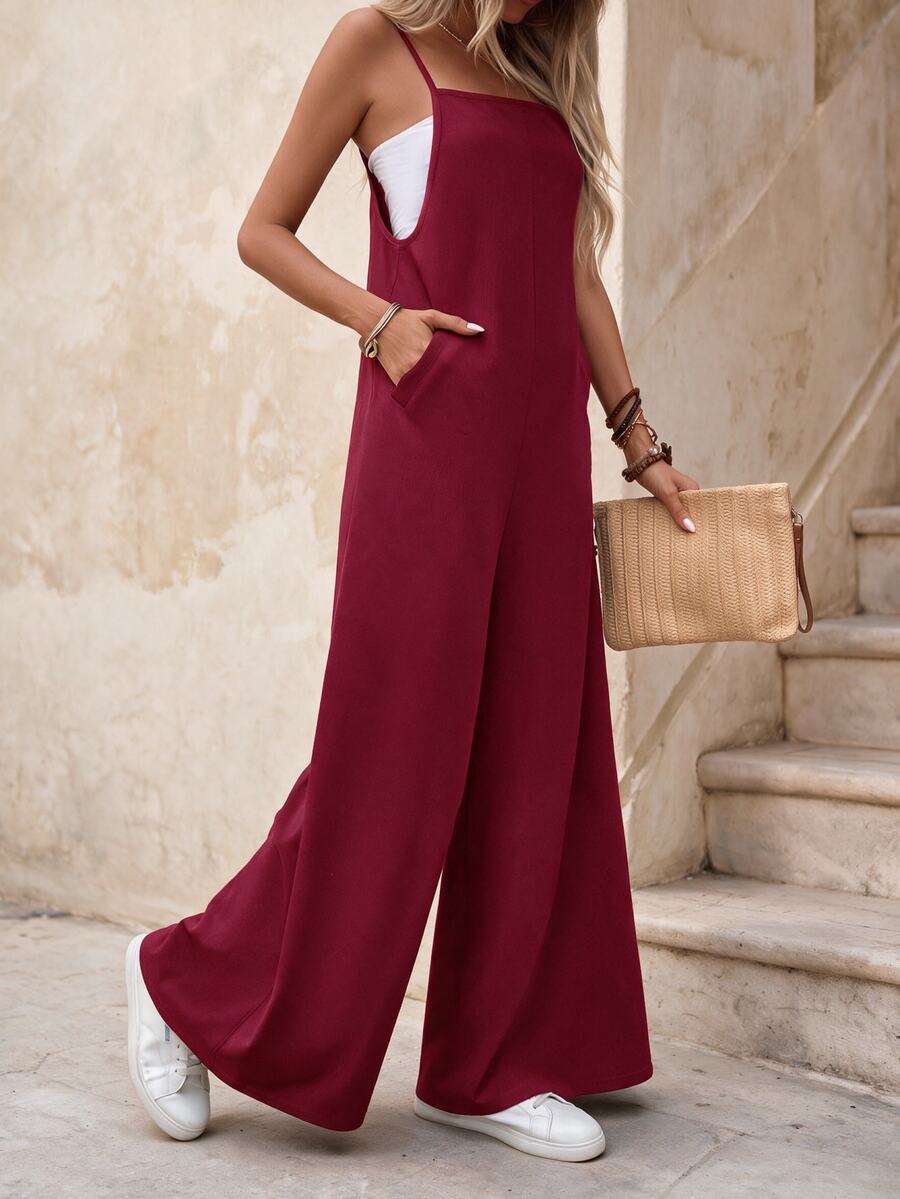 EMERY ROSE One-Piece Summer Jumpsuit, Solid Color, Minimalist Design, Fashionable - Red - View 1