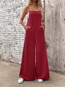 EMERY ROSE One-Piece Summer Jumpsuit, Solid Color, Minimalist Design, Fashionable - Red - View 5