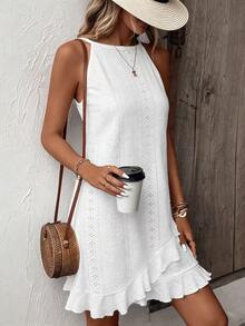 SHEIN Vacation Casual Solid Color Halter Neck Ruffle Hem Dress - White - View 4
