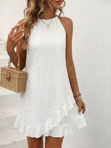 SHEIN Vacation Casual Solid Color Halter Neck Ruffle Hem Dress - White - View 5