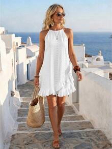 SHEIN Vacation Casual Solid Color Halter Neck Ruffle Hem Dress - White - View 3