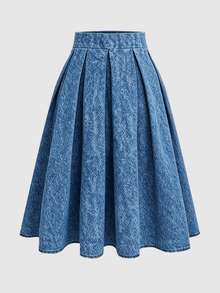 SHEIN Women's Solid Color Pleated Casual Versatile Daily Wear Skirt - Medium Wash - View 5