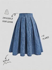 SHEIN Women's Solid Color Pleated Casual Versatile Daily Wear Skirt - Medium Wash - View 1