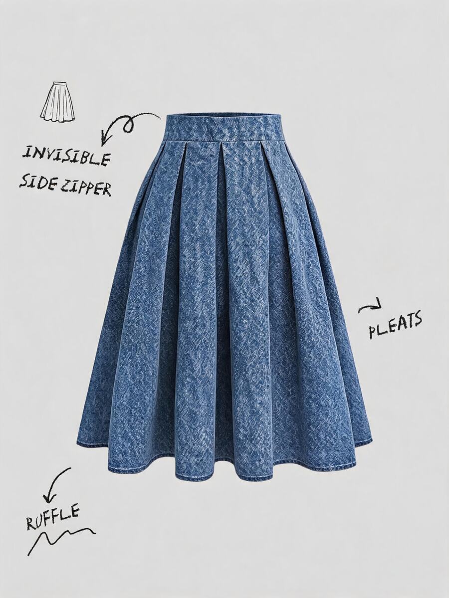 SHEIN Women's Solid Color Pleated Casual Versatile Daily Wear Skirt - Medium Wash - View 1