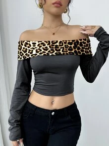 Olithes 性感露肩撞色豹纹T恤 女款印花猎豹纹T恤 女式上衣 - 灰色 - 查看 5