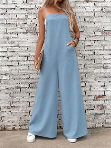 EMERY ROSE Women's Solid Color Casual Jumpsuit With Pockets - Blue - View 4