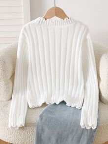 SHEIN 秋季冬季大童女孩白色長袖針織套頭衫，適合返校穿著，舒適柔軟，聖誕節慶與日常穿搭 - 白色 - 查看 2