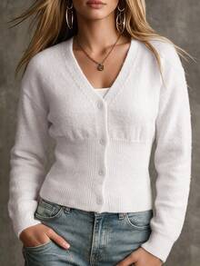 SHEIN New Round Neck Waist-Cinching Long Sleeve Knit Cardigan Brunch White Autumn Casual Basic - White - View 3