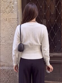 SHEIN New Round Neck Waist-Cinching Long Sleeve Knit Cardigan Brunch White Autumn Casual Basic - White - View 2
