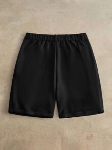 HIMLAND 男士梭織純色短腰直筒短褲，百慕達內縫長度，適合日常穿著，春夏度假黑色休閒風 - 黑色 - 查看 3