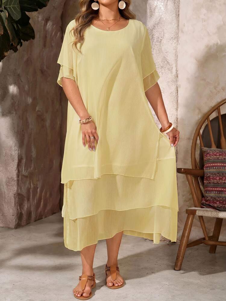 BrightlyHer Plus Size Women's Pale Yellow Round Neck Short Sleeve Tiered High-Low Hem Asymmetrical Boho Flowy Casual Dress Festival Spring Summer 2026 - Light Yellow - View 2