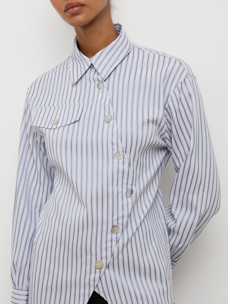SHEIN Maija Women's Gray Base Silver Stripe Asymmetric Placket Shirt, Urban Style