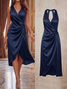 Ellevyn 純色扭結側包邊緞面洋裝 海軍藍 夏季優雅性感成熟款 適合晚餐派對、夜晚約會、酒吧、婚禮、新年派對、辦公室 - 藏蓝色 - 查看 8