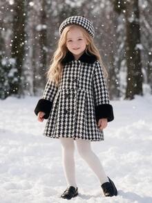 SHEIN 2件組幼女優雅黑色千鳥格格紋大衣，人造毛飾邊長袖毛領加厚款，適合派對、冬季假期、婚禮賓客穿著，附貝雷帽 - 黑與白 - 查看 1