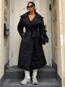 Rafferiza Quilted Long Padded Coat With Wrap Belted Design, Featuring A Flared Hem Silhouette - Black - View 3