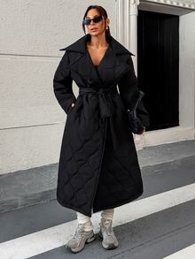 Rafferiza Quilted Long Padded Coat With Wrap Belted Design, Featuring A Flared Hem Silhouette - Black - View 4