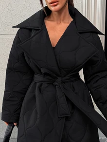 Rafferiza Quilted Long Padded Coat With Wrap Belted Design, Featuring A Flared Hem Silhouette - Black - View 8