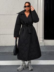 Rafferiza Quilted Long Padded Coat With Wrap Belted Design, Featuring A Flared Hem Silhouette - Black - View 2