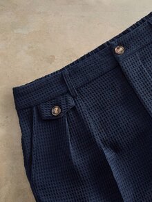 HIMLAND Men's Woven Solid Color Short Mid-Waist Slim Straight Shorts, Bermuda Inseam, Suitable For Daily Wear, Spring And Summer City Break Vacation Navy Blue - Navy Blue - View 4