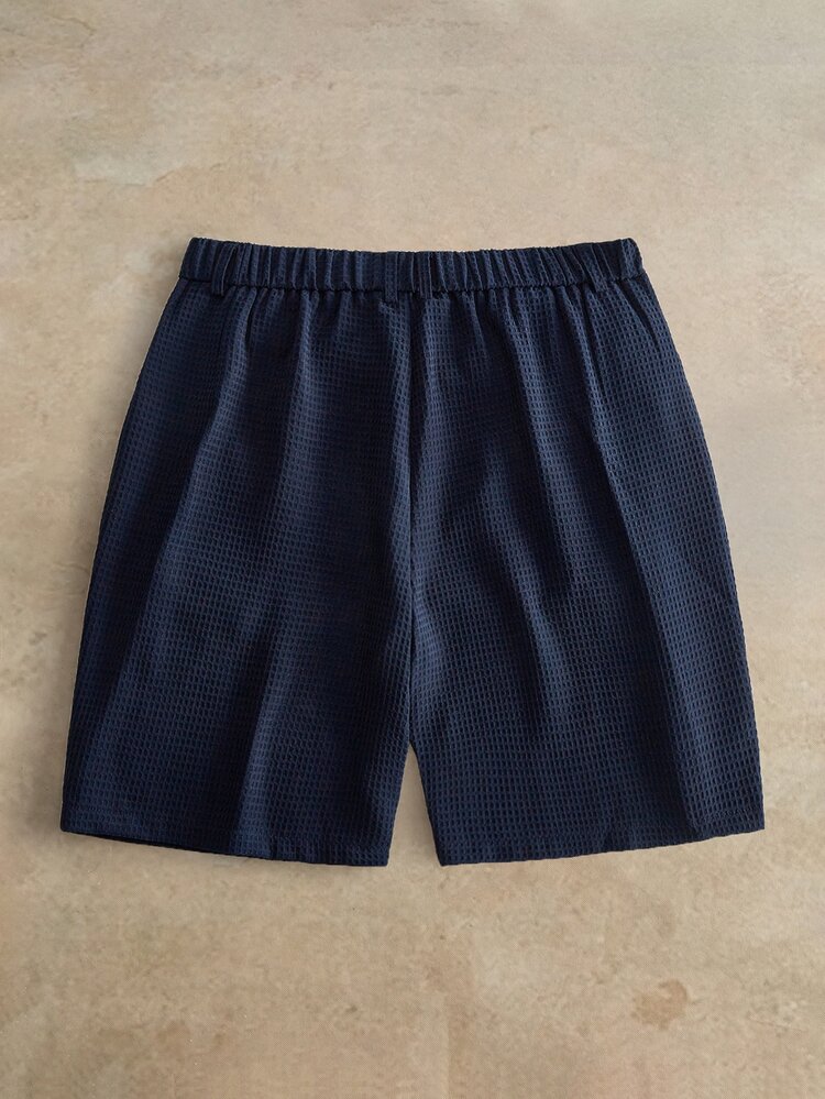HIMLAND Men's Woven Solid Color Short Mid-Waist Slim Straight Shorts, Bermuda Inseam, Suitable For Daily Wear, Spring And Summer City Break Vacation Navy Blue - Navy Blue - View 3