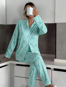 SHEIN TALL SIZE Women 2 Pcs Button Front With Striped&Bot Pattern Homewear Cute Pajama Set - Green - View 8