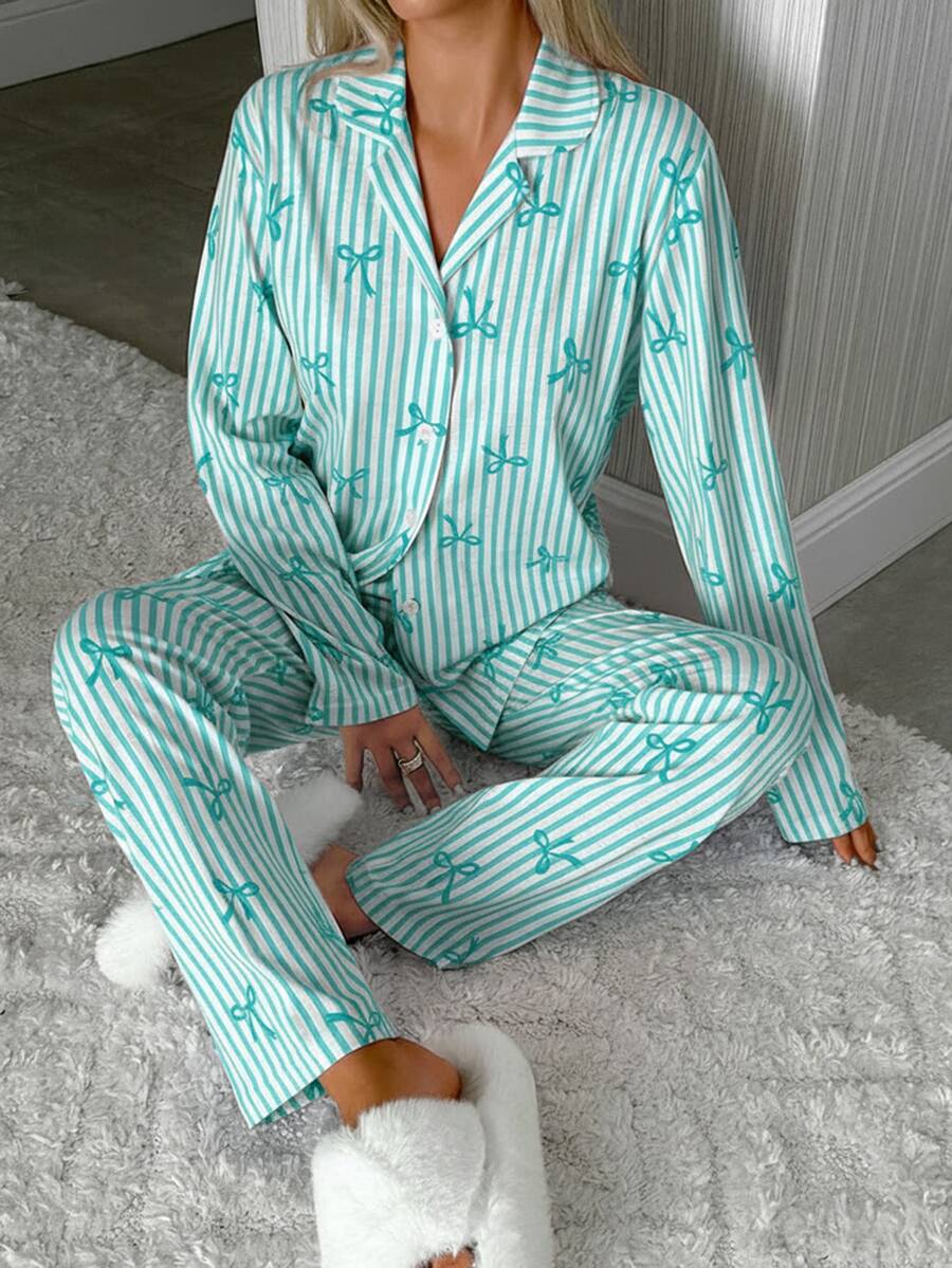 SHEIN TALL SIZE Women 2 Pcs Button Front With Striped&Bot Pattern Homewear Cute Pajama Set