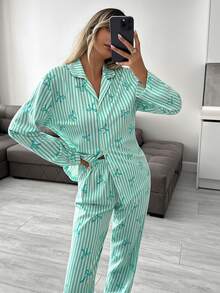 SHEIN TALL SIZE Women 2 Pcs Button Front With Striped&Bot Pattern Homewear Cute Pajama Set - Green - View 4