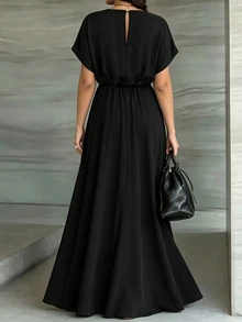 Weeklong Plus Size Women's Spring Summer Lace Patchwork Contrast Color Waist-Cinched A-Line Casual Vacation Dress Elegant - Black - View 2