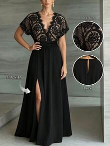 Weeklong Plus Size Women's Spring Summer Lace Patchwork Contrast Color Waist-Cinched A-Line Casual Vacation Dress Elegant - Black - View 1