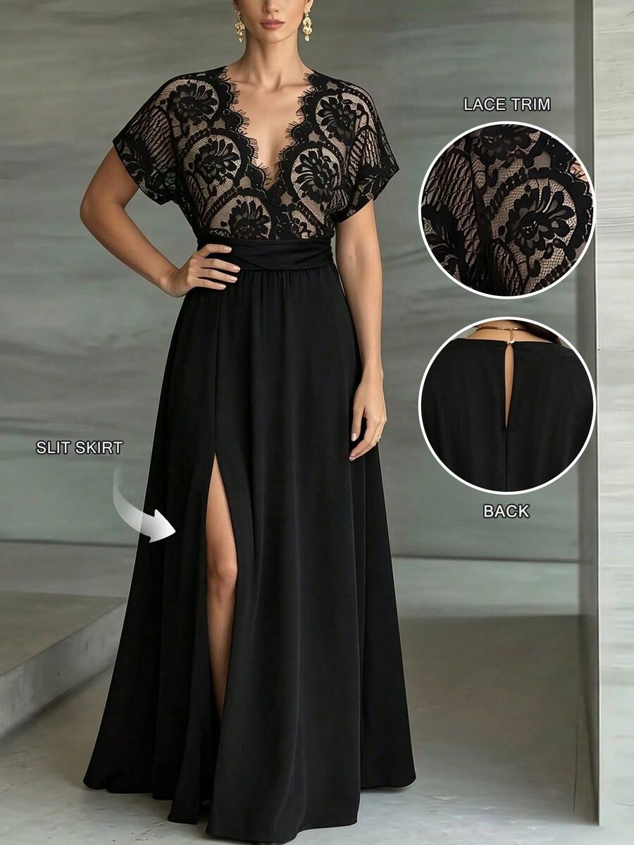 Weeklong Plus Size Women's Spring Summer Lace Patchwork Contrast Color Waist-Cinched A-Line Casual Vacation Dress Elegant - Black - View 1