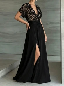 Weeklong Plus Size Women's Spring Summer Lace Patchwork Contrast Color Waist-Cinched A-Line Casual Vacation Dress Elegant - Black - View 5