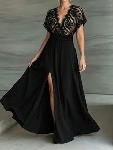 Weeklong Plus Size Women's Spring Summer Lace Patchwork Contrast Color Waist-Cinched A-Line Casual Vacation Dress Elegant - Black - View 4