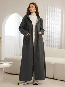 Rue Lumi Grey Hooded Drop Shoulder Zip-Up Long Cardigan, Autumn/Winter Abayas - Grey - View 6