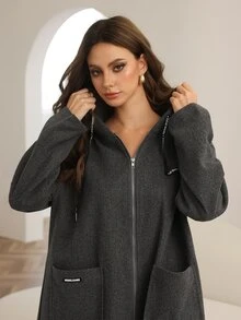 Rue Lumi Grey Hooded Drop Shoulder Zip-Up Long Cardigan, Autumn/Winter Abayas - Grey - View 5