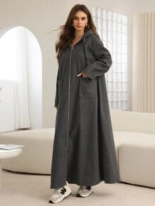 Rue Lumi Grey Hooded Drop Shoulder Zip-Up Long Cardigan, Autumn/Winter Abayas - Grey - View 3