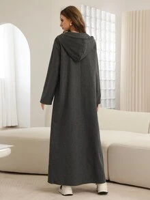 Rue Lumi Grey Hooded Drop Shoulder Zip-Up Long Cardigan, Autumn/Winter Abayas - Grey - View 2