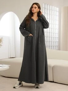 Rue Lumi Grey Hooded Drop Shoulder Zip-Up Long Cardigan, Autumn/Winter Abayas - Grey - View 4