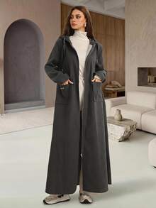 Rue Lumi Grey Hooded Drop Shoulder Zip-Up Long Cardigan, Autumn/Winter Abayas - Grey - View 1