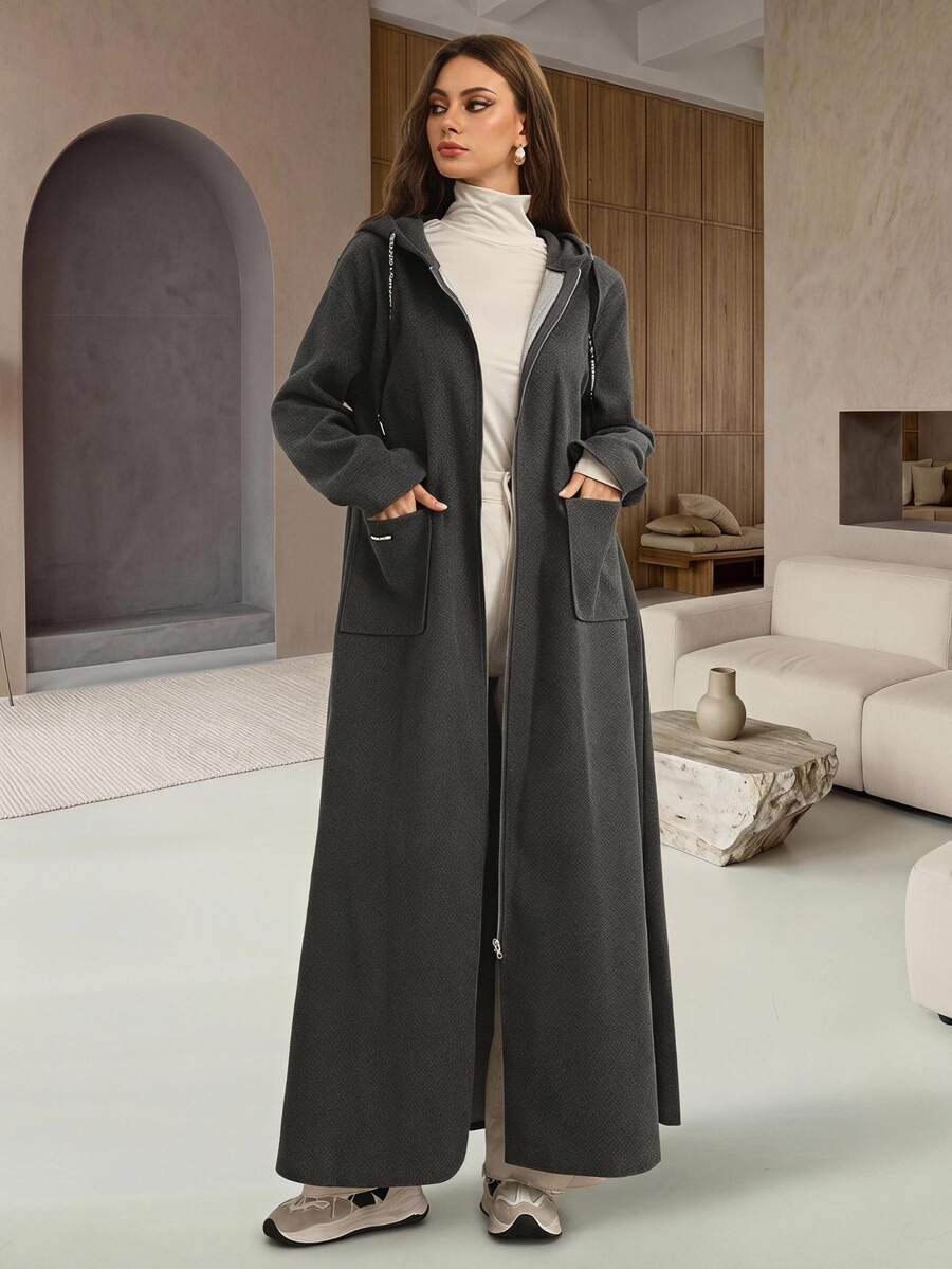 Rue Lumi Grey Hooded Drop Shoulder Zip-Up Long Cardigan, Autumn/Winter Abayas - Grey - View 1