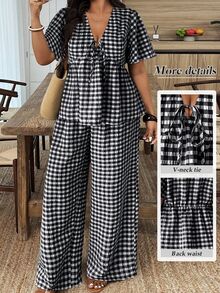Breezaya Plus Size Plaid V-Neck Loose Ruffle Trim Short Sleeve Shirt & Pants 2 Pieces Set - Black - View 1